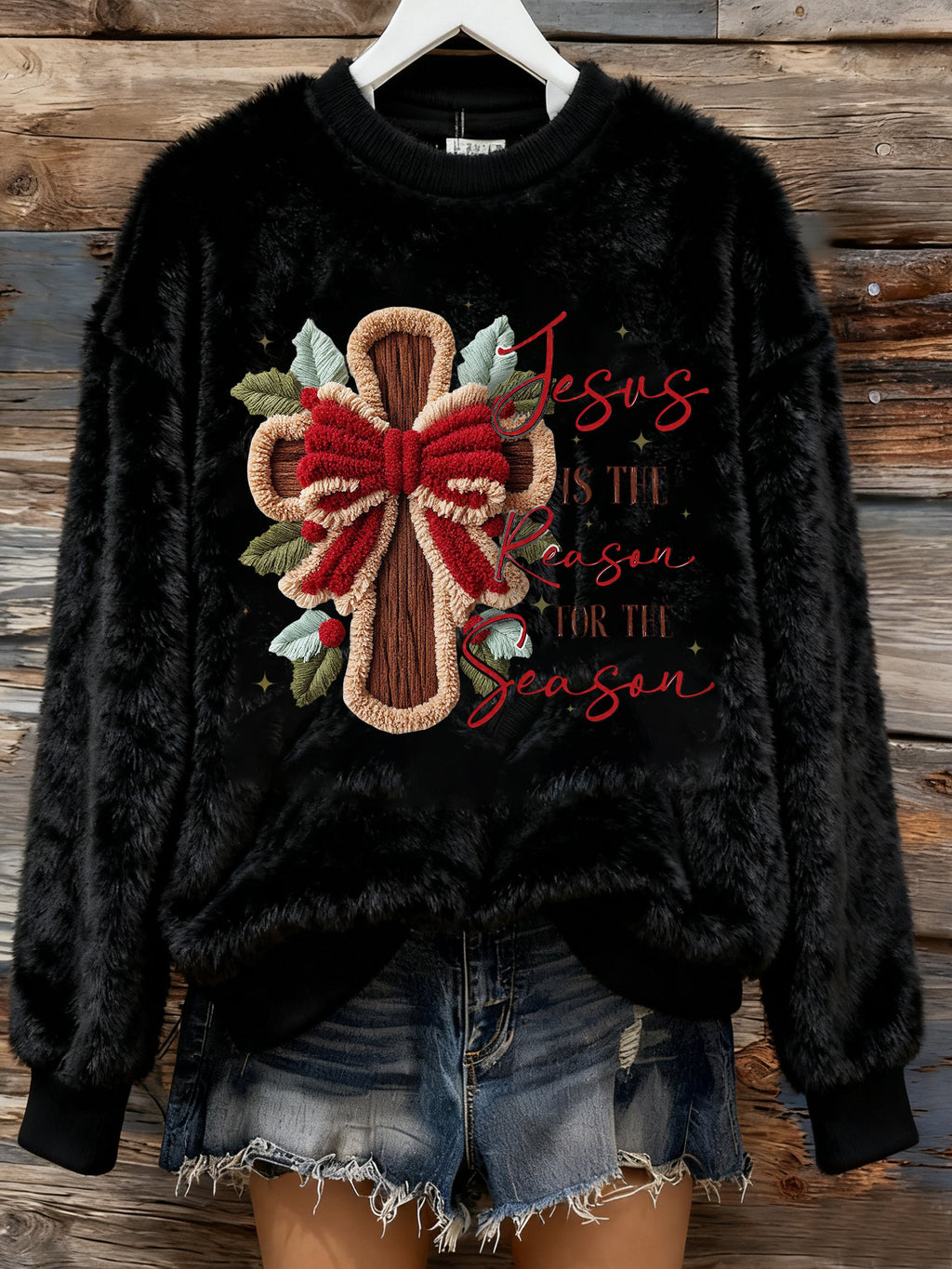 Women's Winter Christmas Cross Print Flannel Crew Neck Furry Top