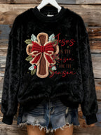 Women's Winter Christmas Cross Print Flannel Crew Neck Furry Top
