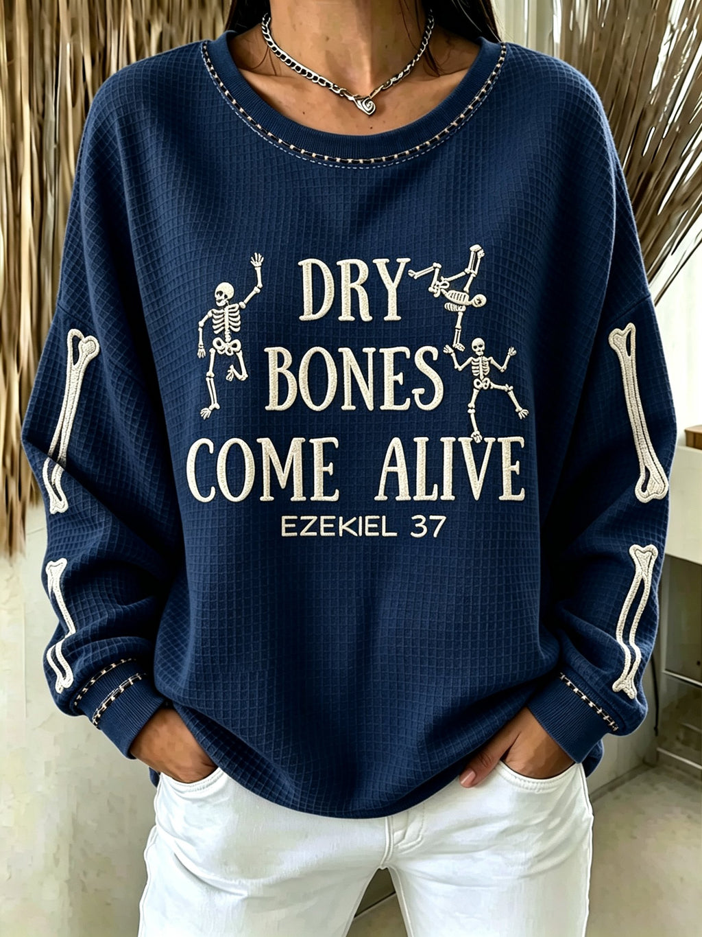 Women's Casual Printed Waffle Long-Sleeve Top