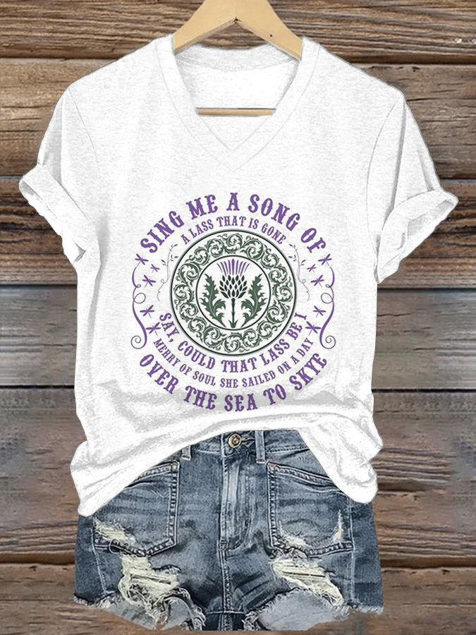 Women's 'sing Me A Song Of A Lass That Is Gone Say' Scottish Thistle Print V-Neck T-Shirt