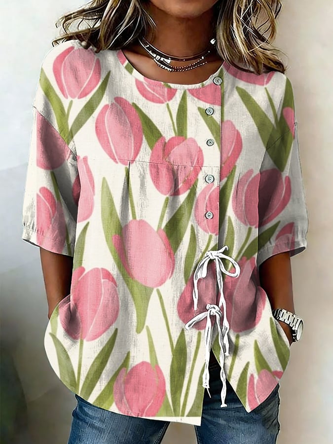 Women's Retro Floral Button Lace Up Tie Shirt