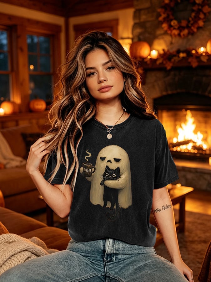Retro Halloween Cat Ghost Meh Print T-Shirt
