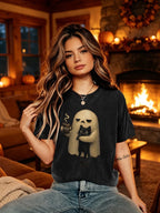 Retro Halloween Cat Ghost Meh Print T-Shirt
