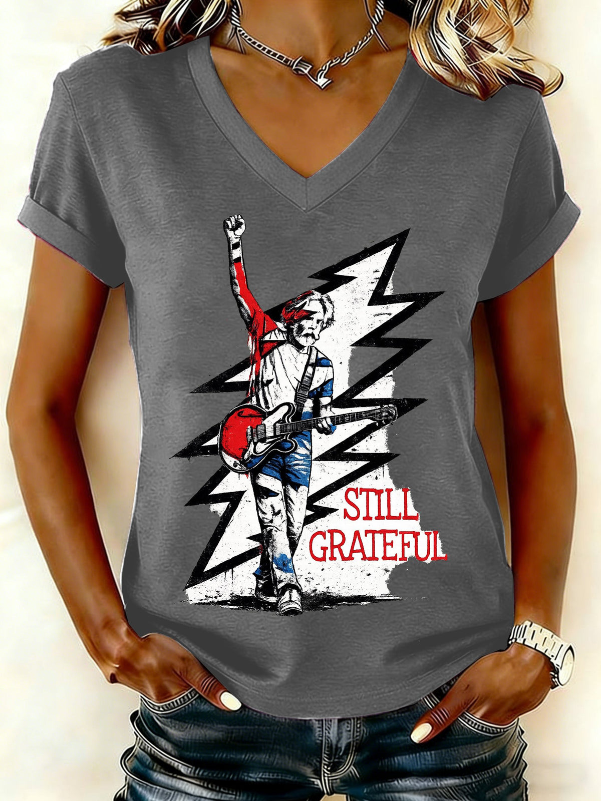 Women's Still Grateful Print V Neck T-shirt