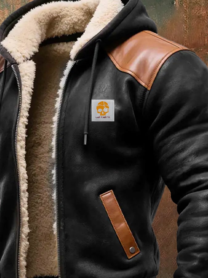Men's Vintage Suede and Leather Hooded Warm Jacket