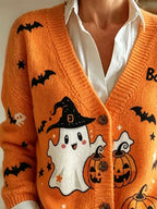 Women's Casual V-Neck Halloween Print Cardigan