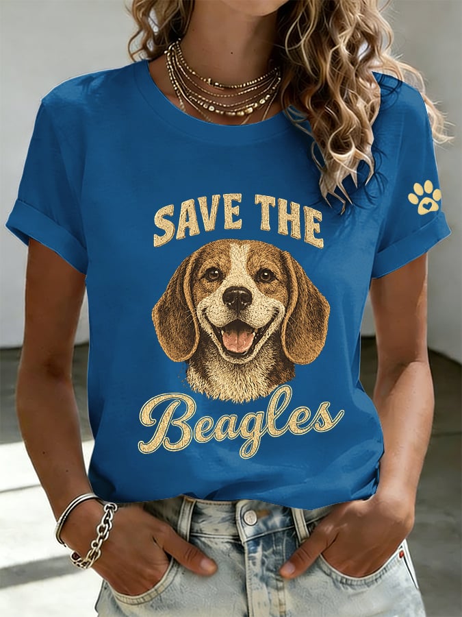Women's Save The Beagles Print Round Neck T-shirt