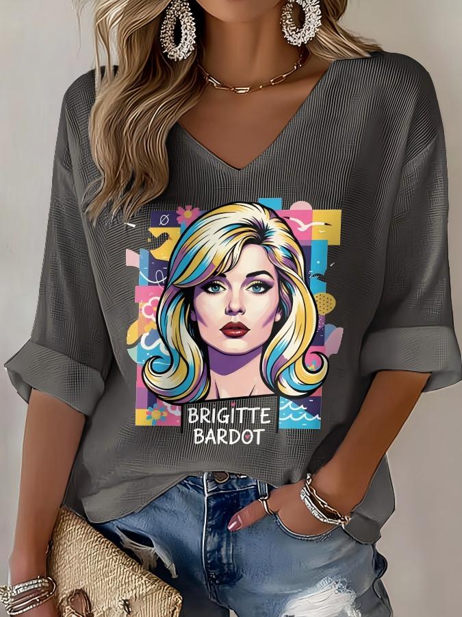 V-Neck Retro B.B. Watercolor Painting Print T-Shirt
