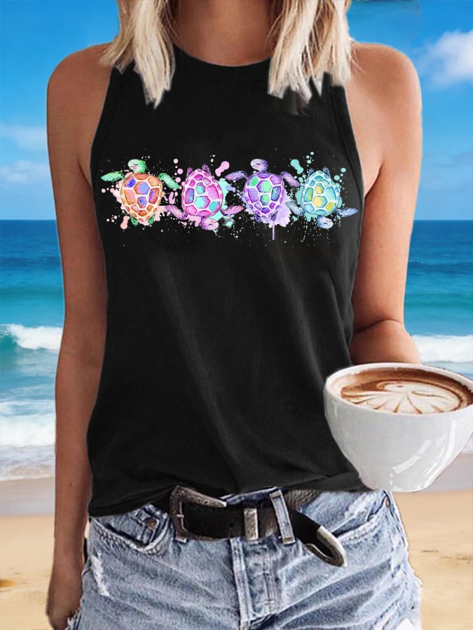 Retro Sea Turtle Print Tops Tank
