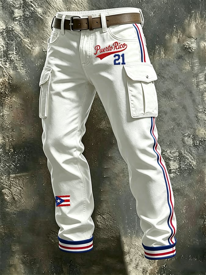 Men's Puerto Rico Baseball Printed Multi-Pocket Cargo Casual Pants