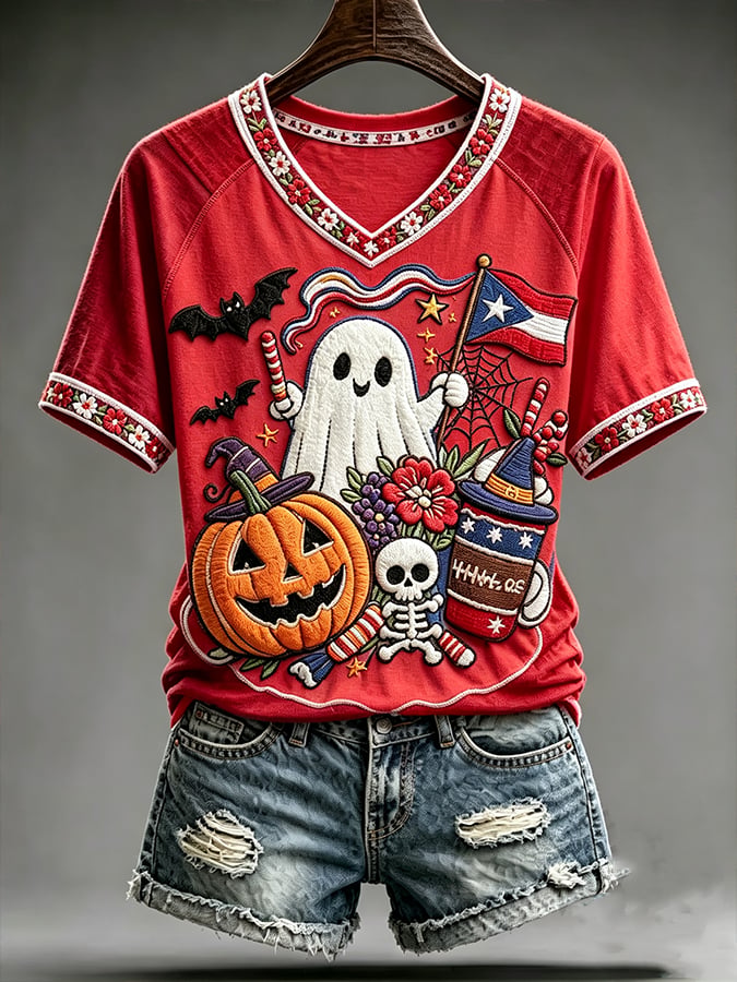 Women's Casual Boricua Halloween Printed Short-Sleeve T-Shirt
