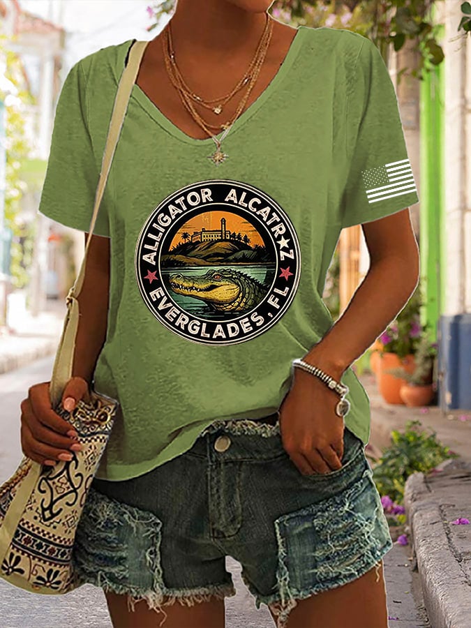 Women's Alligator Alcatraz Funny Florida Everglades Dark Humor Print V Neck Casual T-Shirt