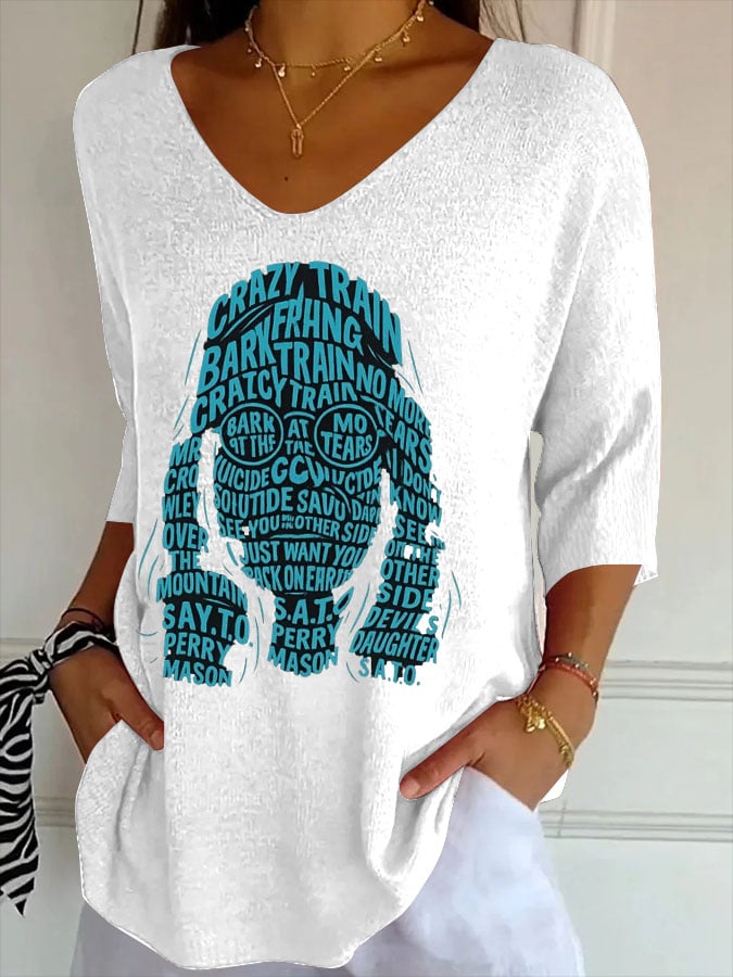 Women's Vintage Electric Rock Legend Print V-Neck T-Shirt