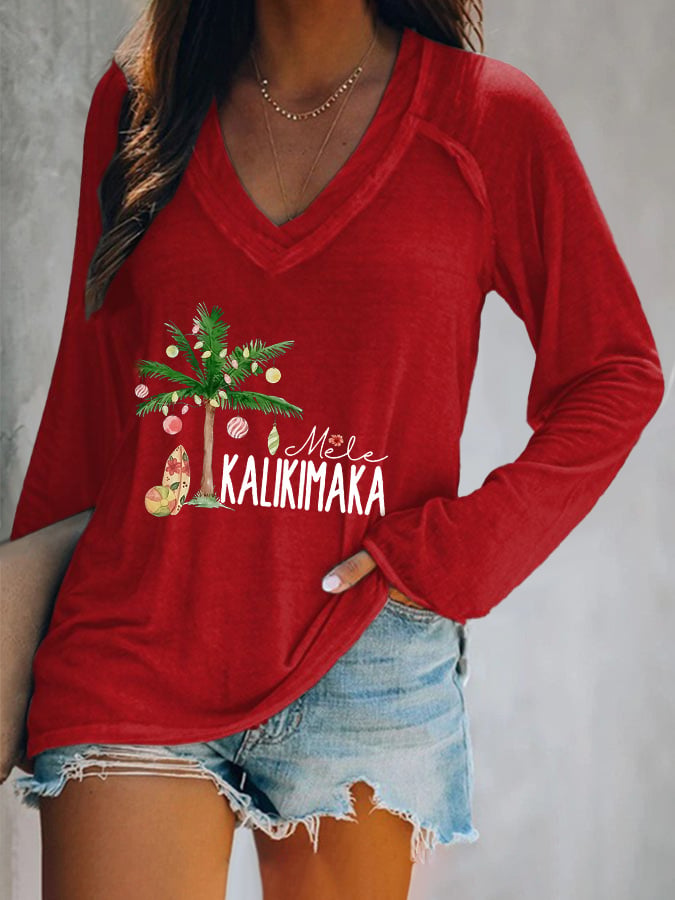 Women's Mele Kalikimaka Christmas Palm Tree Print Long Sleeve T-Shirt