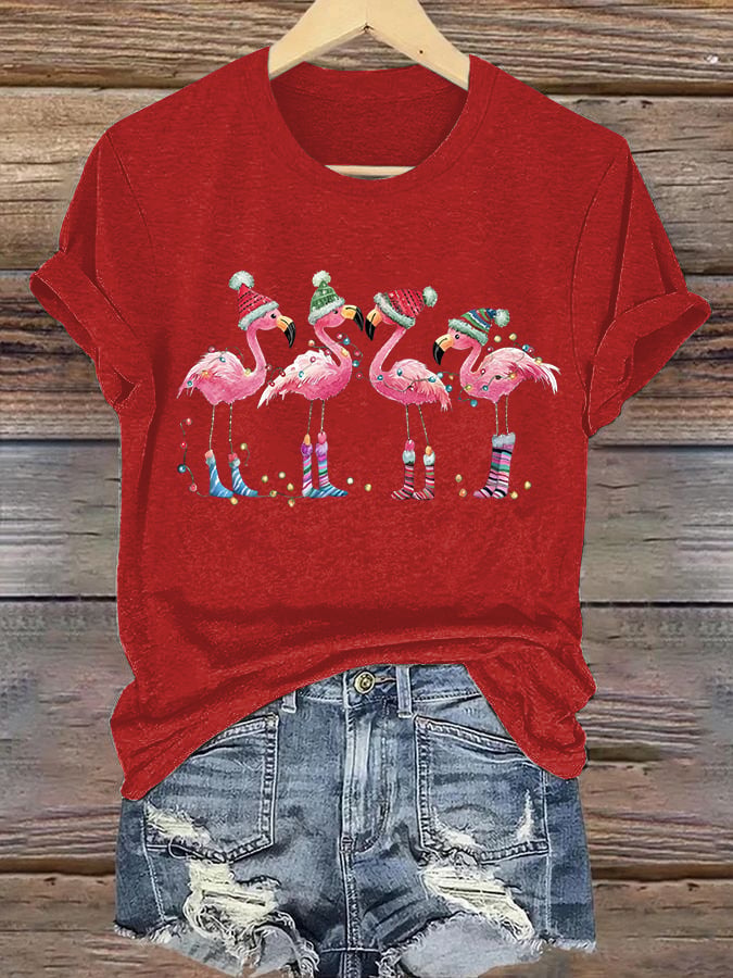 Women's Christmas Flamingo Printed Crew Neck T-Shirt