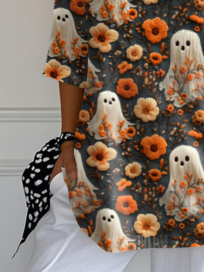 Women's Ghost Print V-Neck T-Shirt