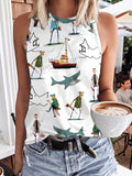 Women's Shark Art Print Round Neck Tank Top