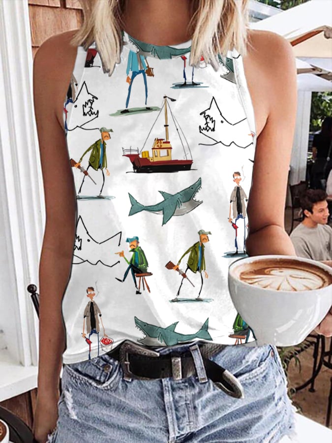 Women's Shark Art Print Round Neck Tank Top