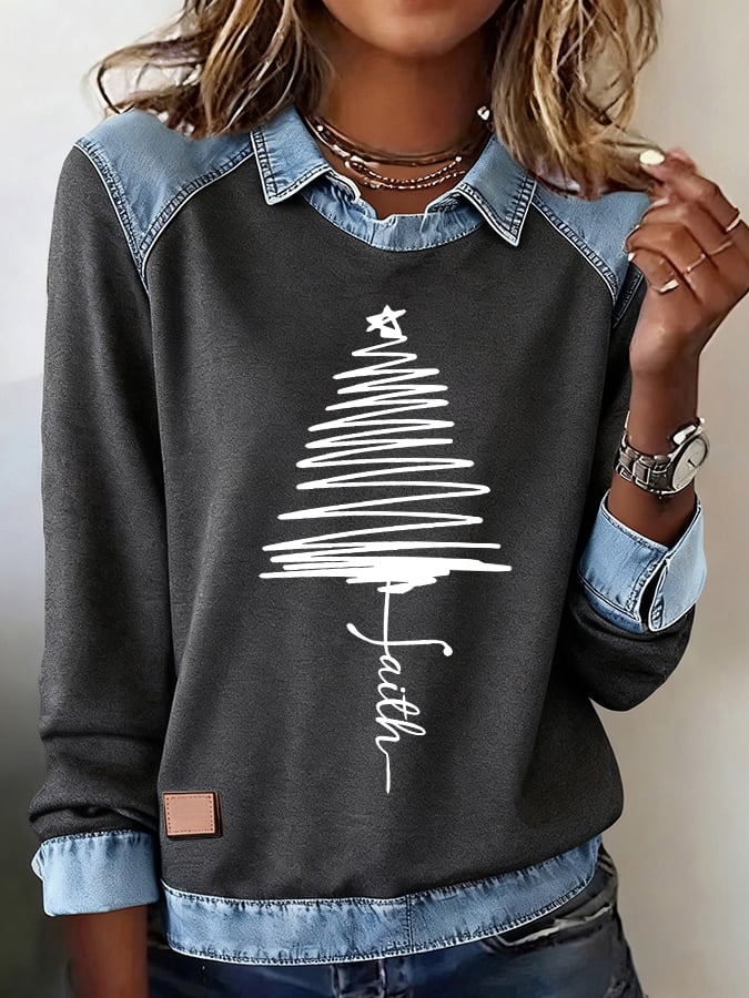 Women's Faith Christmas Tree Printed Comfortable Denim Patchwork Sweatshirt