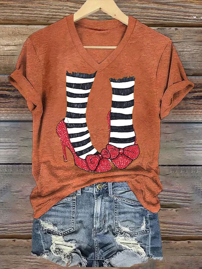 Women's Halloween Red Shoes Printed Casual T-Shirts