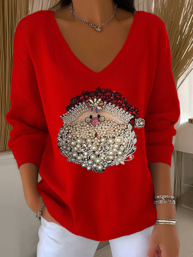 Women's Santa Claus Head Print Knit Top
