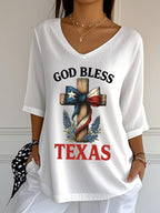 Women's Retro God Bless Texas Cross Print Mid Sleeve T-Shirt