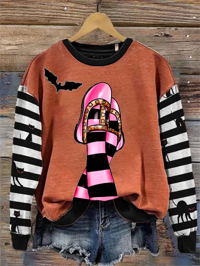 Women's Witch And Cat Print Crew Neck Sweatshirt