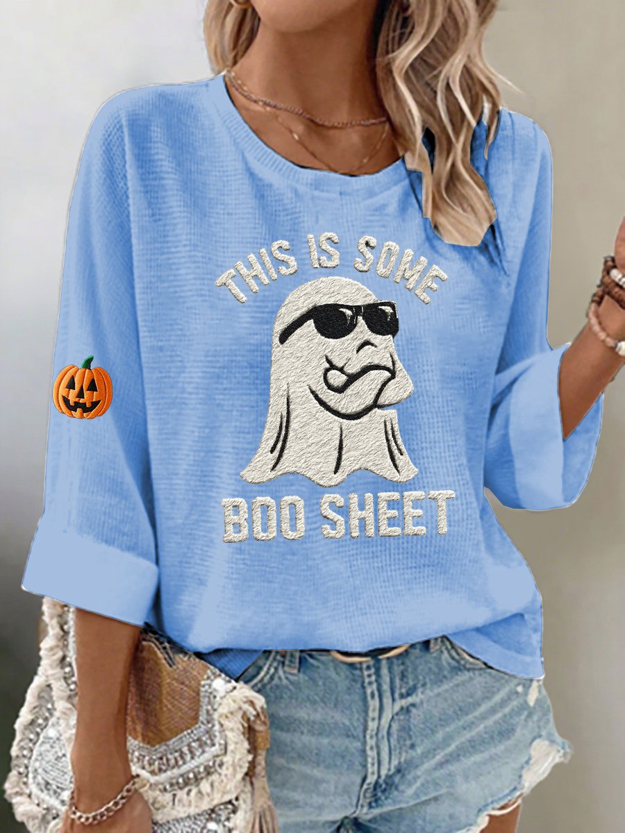Women's casual Halloween ghost waffle embroidered T-shirt