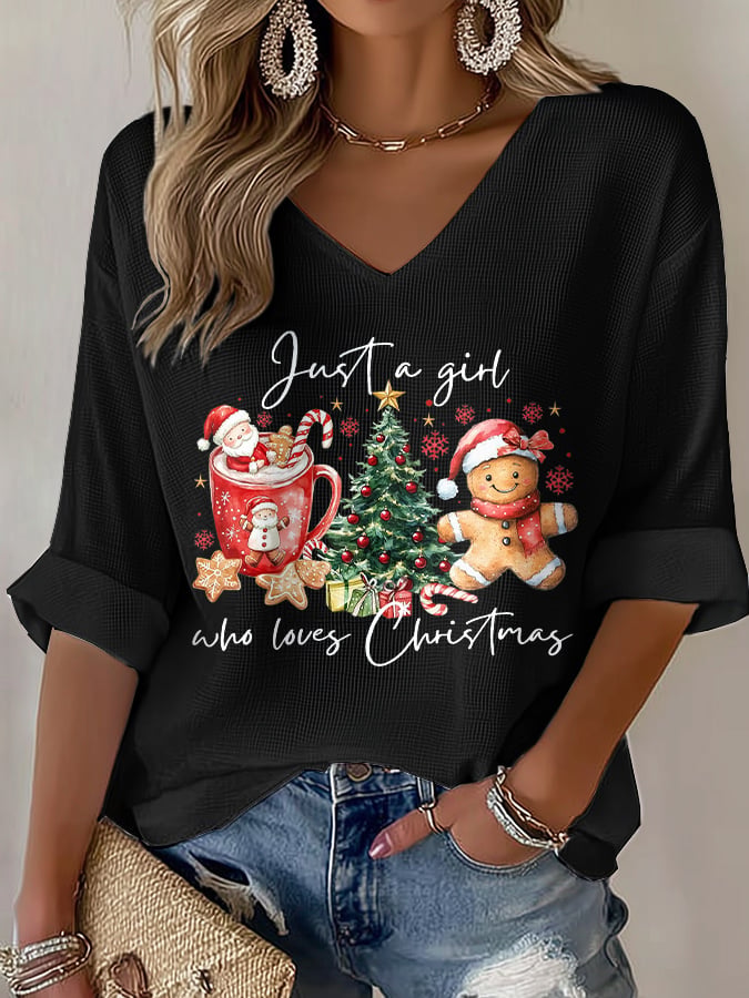 Women's casual just a girl who loves Christmas printed waffle long-sleeved T-shirt