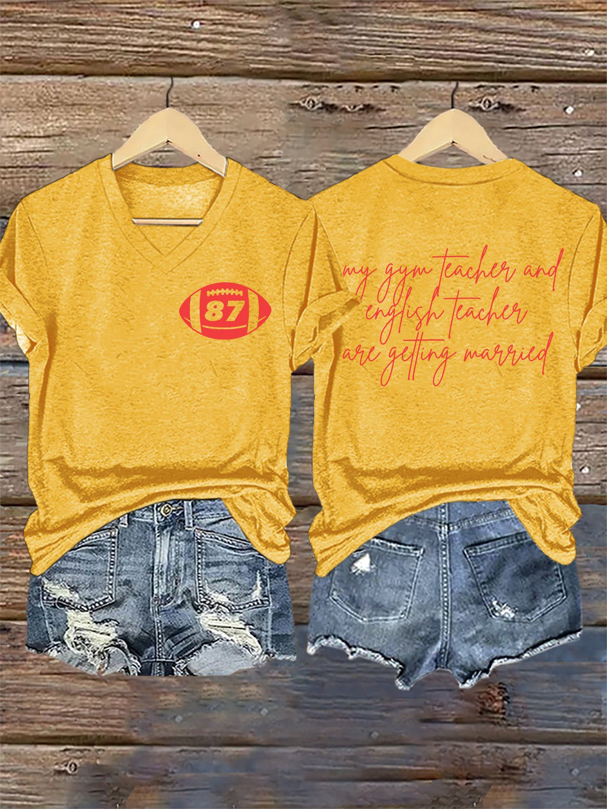 V-Neck Retro 87 Football My English Teacher And Gym Teacher Are Getting Married Print T-Shirt