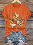 Women's Casual Autumn Golden Maple Leaf Stitching Print T-shirt