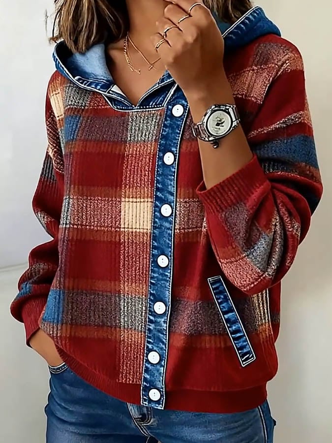 Women'S Casual Contrast Plaid Hooded Sweatshirt