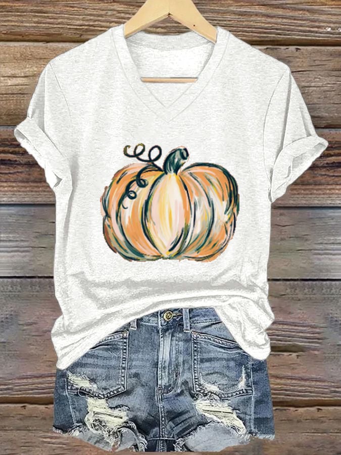 Women's Autumn Hand-Painted Pumpkin Casual Print T-Shirt