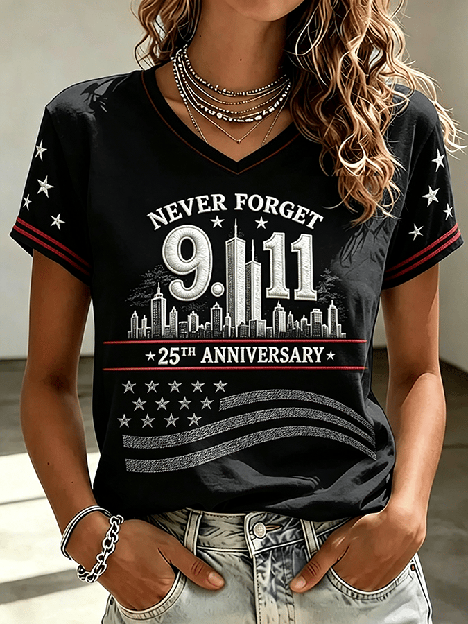 Women's "Never Forget 9/11" Pattern Comfortable V-Neck Retro T-Shirt