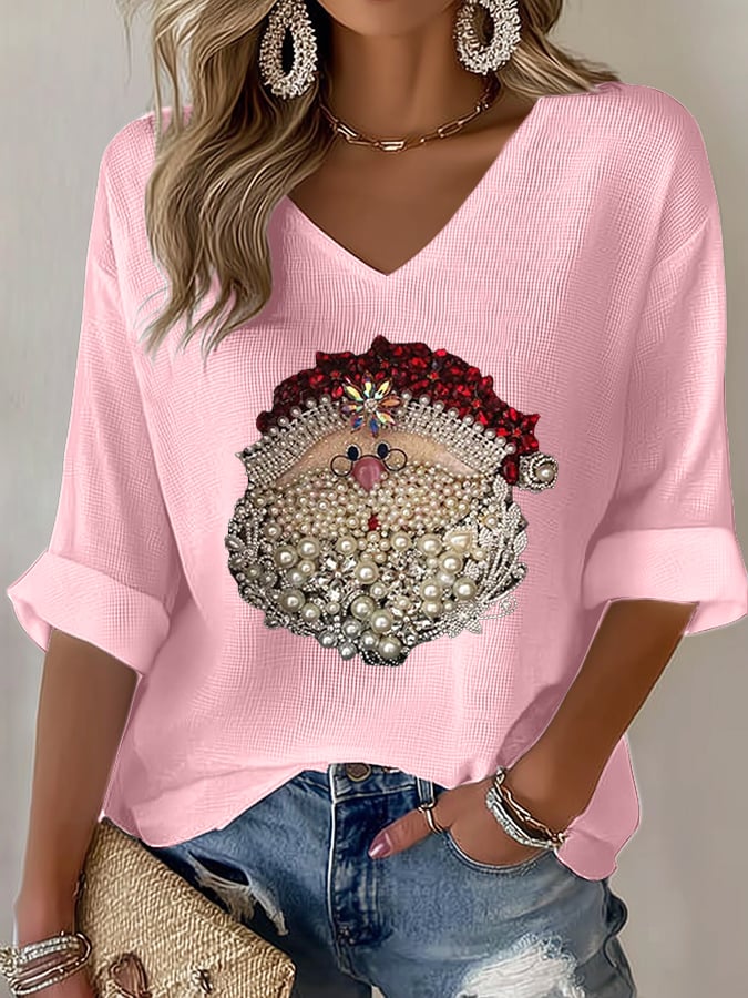 Women's Retro Santa Head Print Shirt