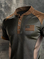 Men's Retro Patriotic Color-Block Short-Sleeve Henley T-Shirt