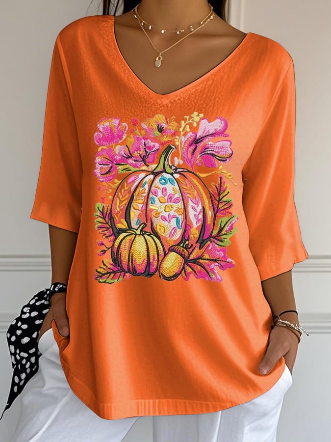 Women's Casual Pumpkin Bubble Ruffled Three-quarter Sleeve Top