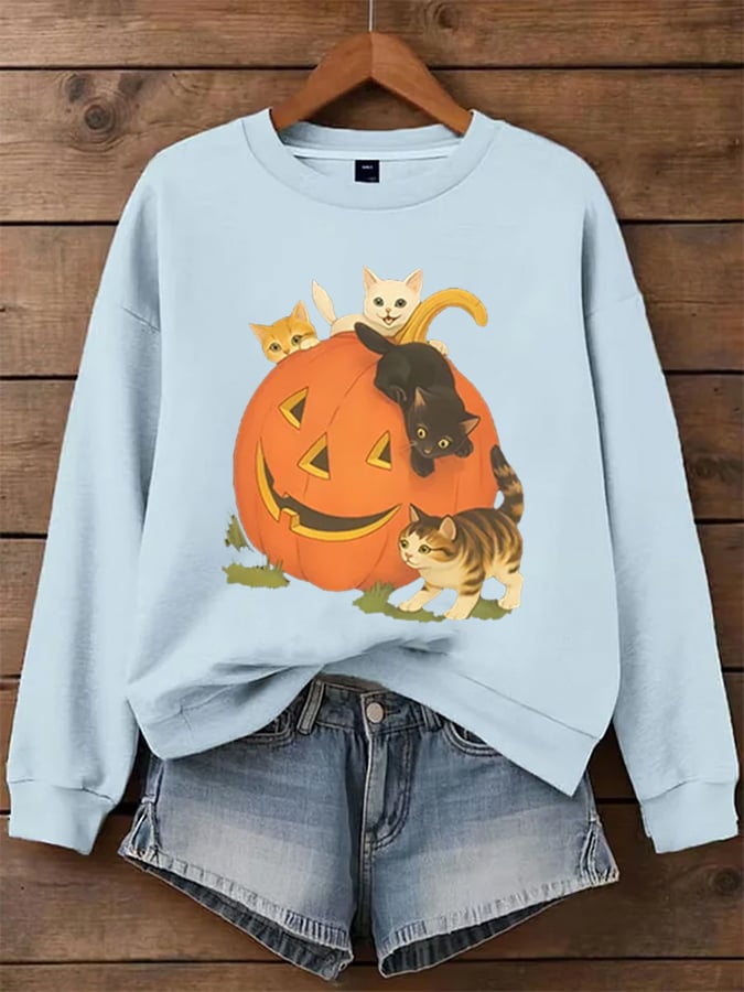Women's Halloween Pumpkin and Cute Cat Print Sweatshirt