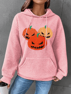 Women's Pumpkin Face Print Waffle Fabric Hooded Sweatshirt