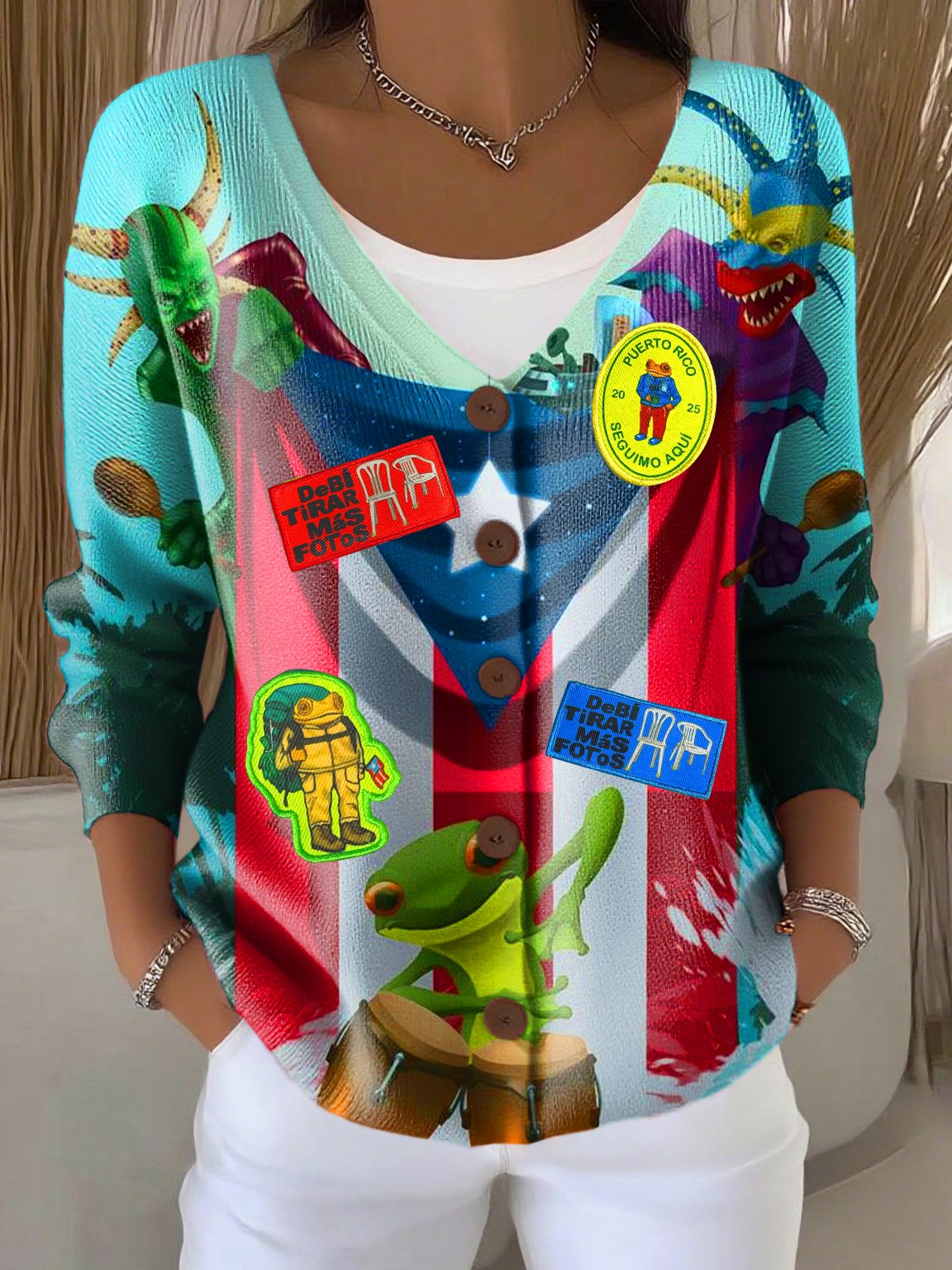 Women's Puerto Rican Tree Frog Print Thick Needle Striped Cardigan