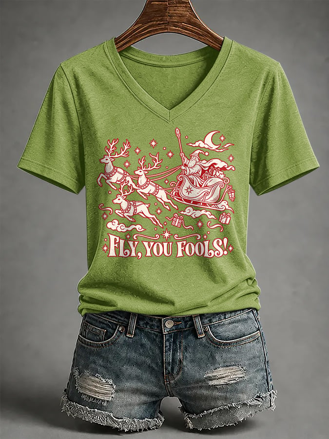 🔥🔥2nd 50% Off 🔥🔥V-Neck Retro Funny Christmas Fly You Fools Reindeer Holiday Season Print T-Shirt