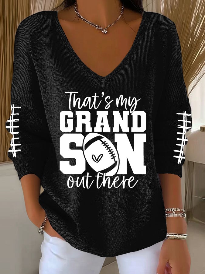 Women's That's My Grandson Out There Football Print V Neck Sweater