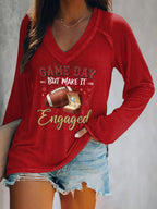 V-neck Retro Football Game Day But Make It Engaged Print T-Shirt