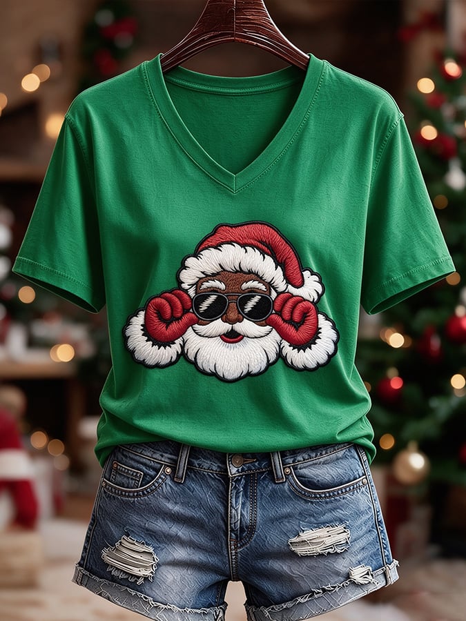 Black Women'S Christmas-Themed Printed Casual T-Shirt