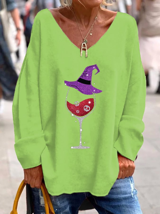 Women's Halloween Skull Wine Print V-Neck T-Shirt