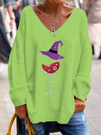 Women's Halloween Skull Wine Print V-Neck T-Shirt