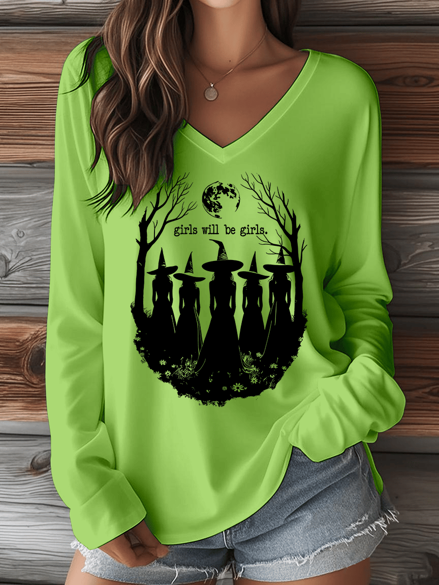 Women's Halloween Girls Will Be Girls. Print V-Neck Long Sleeve T-Shirt