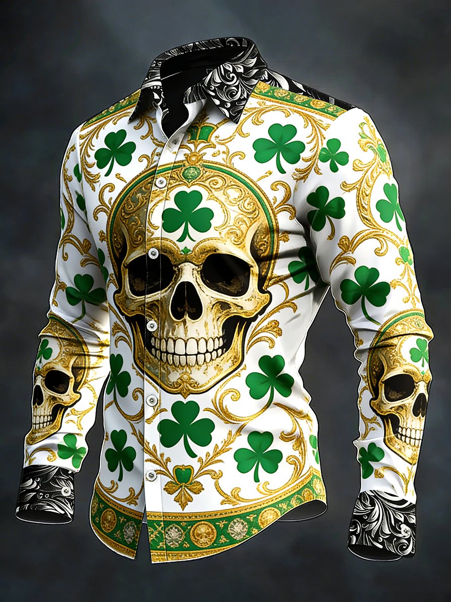 Men's vintage St. Patrick's Day skull pattern long-sleeved shirt