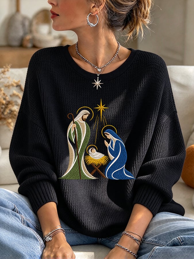 Women's Casual Printed Waffle Long-Sleeve Top
