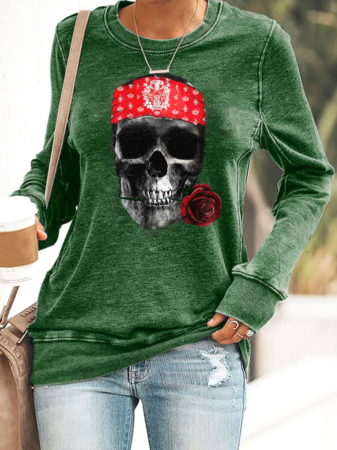 Retro Rock Skull And Rose Print Sweatshirt